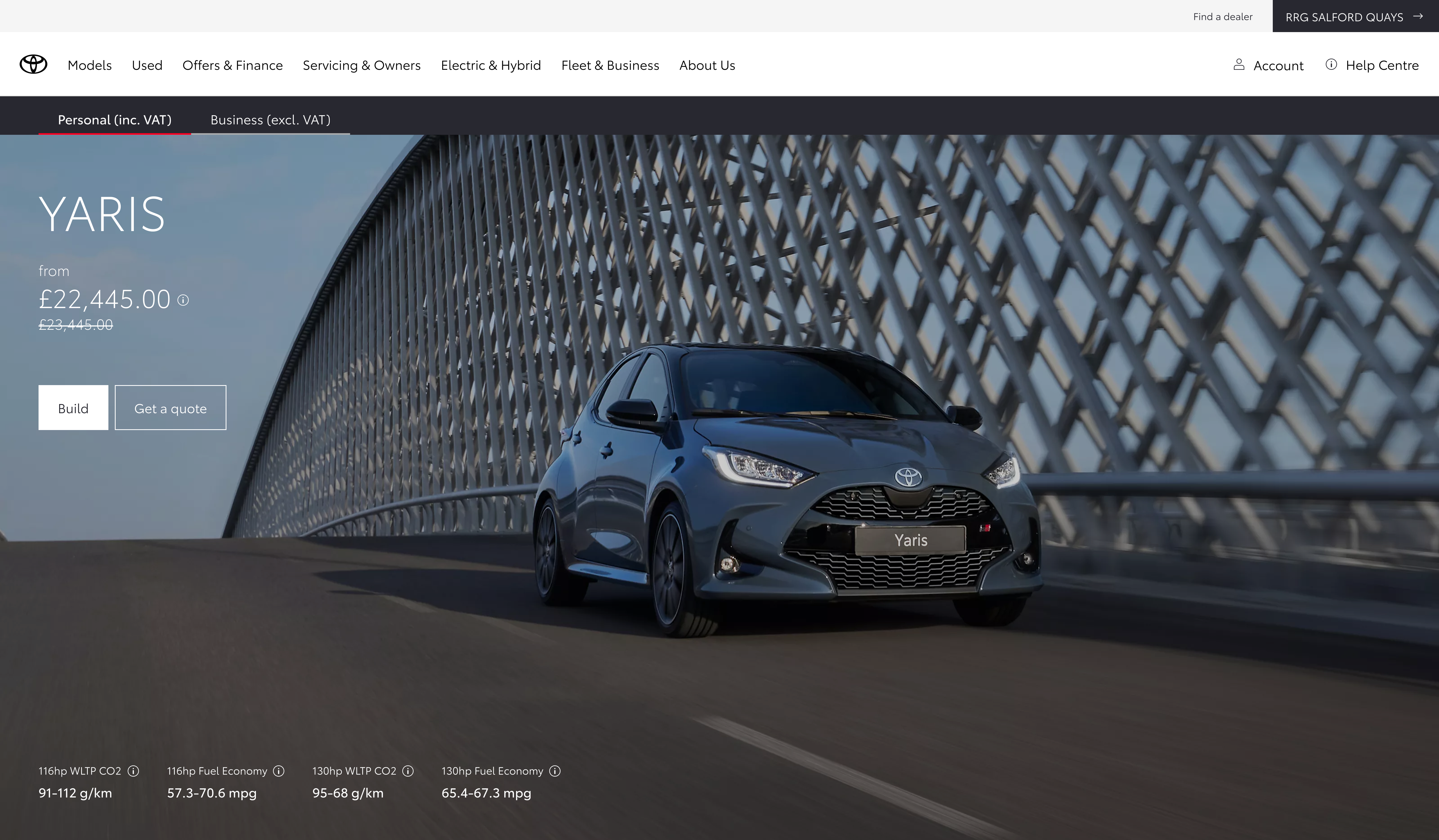 Toyota model page mock: slim dark bar below global navigation with Personal inc VAT and Business ex VAT tabs